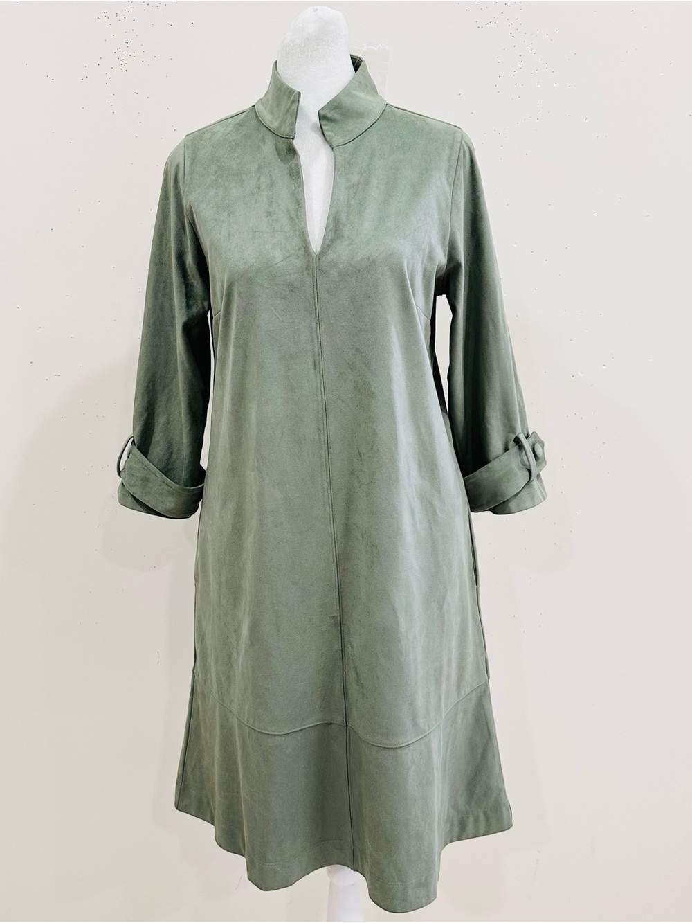 Soft Surroundings Rani Faux Suede Tunic Dress Agava Green Sage Cutout XS NWOT